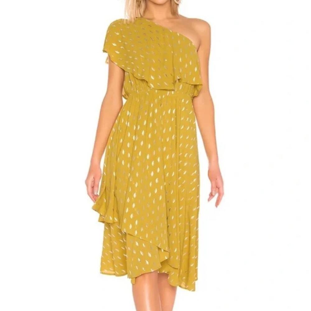 House of Harlow Leya Asymmetrical Ruffle Midi Dress Yellow Silver Moon Size M